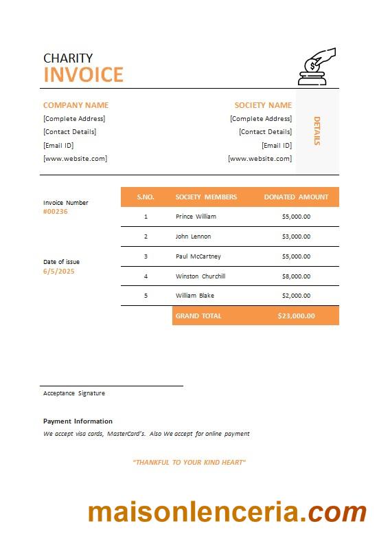 Szablon faktury charytatywnej w formatach Word i PDF